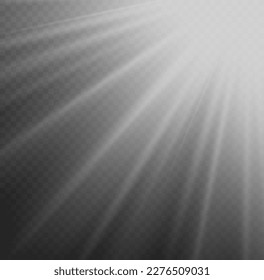 White beam sunrays on transparent background. Translucent shine sun, bright flare. Sun flash with rays and spotlight. Star burst with sparkles. Sunlight glowing png effect. Vector illustration.