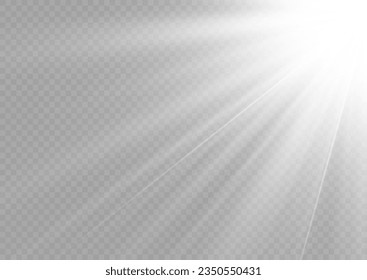 White beam sunrays on transparent background. Sun flash with rays and spotlight. Star burst with sparkles. Translucent shine sun, bright flare. Sunlight glowing png effect. Vector illustration.