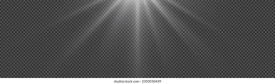 White beam sunrays on transparent background. Sun flash with rays and spotlight. Star burst with sparkles. Translucent shine sun, bright flare. Sunlight glowing png effect. Vector illustration.