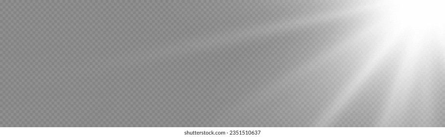 White beam sunrays on transparent background. Sun flash with rays and spotlight. Star burst with sparkles. Translucent shine sun, bright flare. Sunlight glowing png effect. Vector illustration.