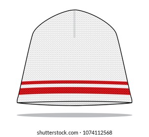 White Beanie Hat With Double Red Lines Design On White Background, Vector File.