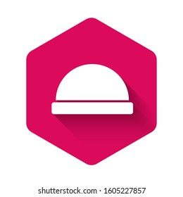 White Beanie hat icon isolated with long shadow. Pink hexagon button. Vector Illustration