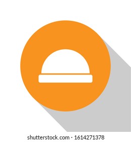 White Beanie hat icon isolated on white background. Orange circle button. Vector Illustration