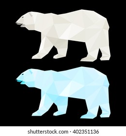 White bear. Abstract polygonal polar bear set. Triangle geometric low poly bear isolated on black for card, invitation, book, placard, banner cover. Animal, wildlife and nature theme. Bear icon.