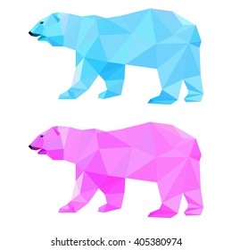 White bear. Abstract polygonal polar bear painted in imaginary colors. Triangle geometric low poly bear set isolated on white for card, invitation, book, placard, banner. Animal, wildlife and nature. 