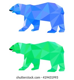 White bear. Abstract polygonal polar bear painted in imaginary colors. Triangle geometric low poly bear set isolated on white for card, invitation, book, placard, banner. Animal, wildlife and nature. 