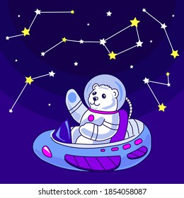 White Bear Astronaut Flies on a Spaceship in Space, past the Stars and Constellations, to the Constellation Ursa Major, Vector Illustration