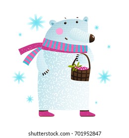 White Bear with Berries and Snowflakes. Polar bear with basket of berries cartoon. Vector illustration.