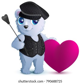White bear in black leather clothes in style of bdsm. Isolated on white vector cartoon illustration