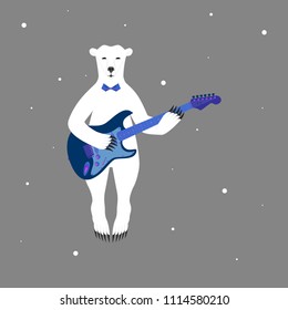 White bear with blue gitar, rock musician.