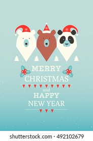 White bear, brown bear and panda. Merry christmas card