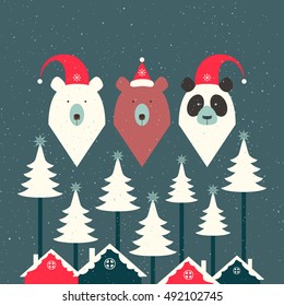 White bear, brown bear and panda. Merry christmas card