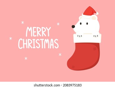 White Bear cartoon vector. character design. wallpaper. Merry Christmas card. White bear in red sock.