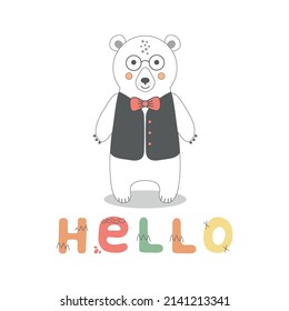White bear cartoon vector illustration. Bear in a tuxedo with a butterfly. Hello lettering	