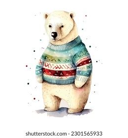 white bear christmas with red sweater watercolor Christmas postcard. Baby postcard. Happy new year.