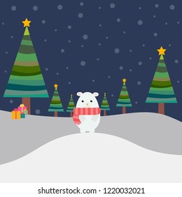 white bear with Christmas  tree and snow fall.
