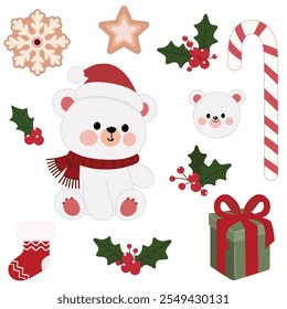 White bear collection with Christmas decorative elements design with holly berry, gift box, gingerbread, sugar candy, and stocking. Vector illustration.