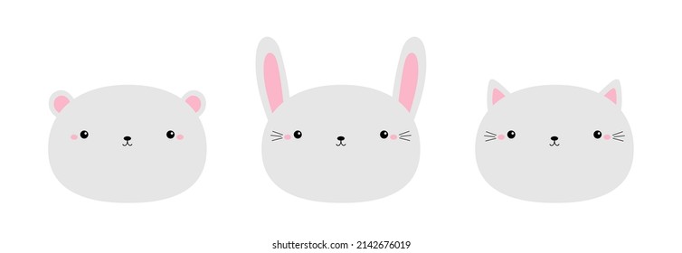 White bear cub bunny rabbit, cat kitty, kitten icon set. Round face head. Cute kawaii animal. Cartoon funny baby character. Kids print for poster, t-shirt cloth. Flat design. White background. 
