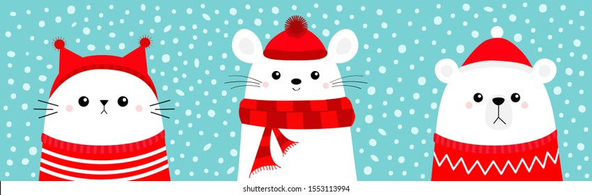 White bear cub Mouse Cat head face wearing red Santa hat knitted ugly sweater, hat, scarf. Merry Christmas. Cute cartoon kawaii baby character. Arctic animal. Flat design Winter snow background Vector