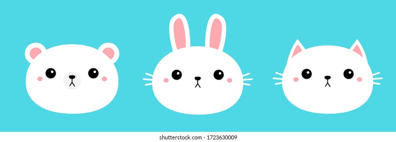 White bear cub rabbit, bunny, cat kitty, kitten round face head icon set. Cartoon funny baby character. Cute kawaii animal. Kids print for poster, t-shirt cloth. Flat design. Blue background. Vector