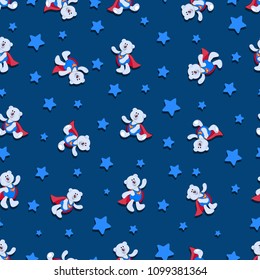 White bear cubs are super-kids and stars. Seamless pattern. Dark blue background. Design for children's textiles, gift wrapping. 