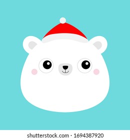 Icono de la cabeza del oso blanco. Sombrero de Papá Noel Rojo.Feliz Navidad. Adiós de invierno. Caricatura kawaii personaje de bebé gracioso.Tarjeta de felicitación. Fondo azul. Diseño plano. Ilustración del vector