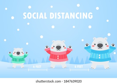 White bear family Social distance to protect against the virus in the snowy winter of Christmas.