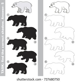 White Bear to find the correct shadow, the matching educational kid game to compare and connect objects and their true shadows, simple gaming level for preschool kids.