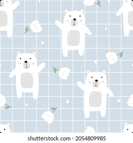 White bear and flowers on square grid background seamless pattern hand drawn cartoon animal background in children style Used for print, wallpaper, decoration, fabric, textile, vector illustration