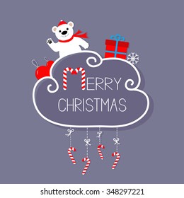White bear, giftbox, snowflake, ball. Merry Christmas card. Hanging Candy Cane. Dash line with bow. Flat design. Violet background. Vector illustration