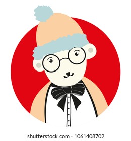 White bear with glasses, a warm cap and a bow tie. Christmas illustration. 