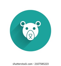 White Bear head icon isolated with long shadow. Green circle button. Vector