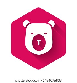 White Bear head icon isolated with long shadow. Pink hexagon button. Vector