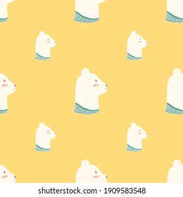 White bear head profile seamless pattern in hand drawn, funny style. Orange pastel background. Flat vector print for textile, fabric, gift wrap, wallpapers. Endless illustration.