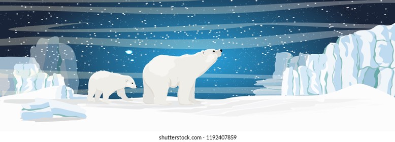 The white bear and her cub bear walks through the snow. Mother and child. The glacier, snow-covered plains. Starry night in the North. Landscapes of the Arctic.