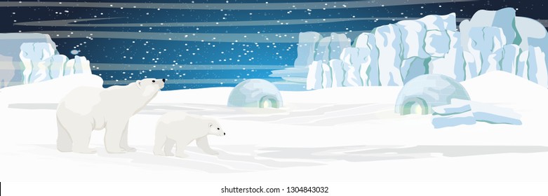 White bear and her cub walks near the igloo ice house. Settlement Eskimos. Animals of Russia, Canada, USA, Scandinavia and Iceland. North. Realistic vector landscape