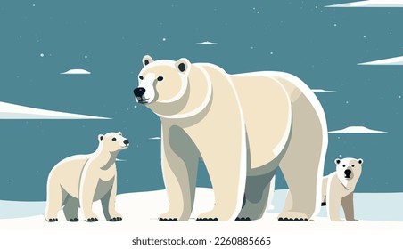 El oso blanco y su oso cachorro caminan por la nieve. Madre e hijo. Las llanuras glaciares cubiertas de nieve. Noche estrellada en el norte. Paisajes del Ártico. Ilustración del vector