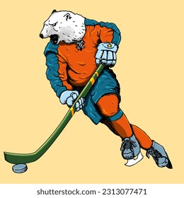 White bear hockey player ice-skating. White bear dressed in hockey attire with ice skates and hockey stick, mascot of a hockey team. Sport illustration concept.