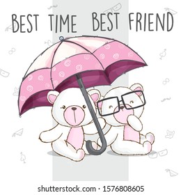 White bear holding pink umbrella  cartoon illustration for kids. Cute white bears wearing eyeglasses cartoon vector. Little white bear with eyeglasses and umbrella