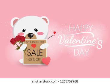 white bear hug red rose banner sale on pink background,happy valentine's day