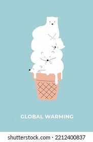 The white bear ice cream is melting. Symbol of global warming. Earth Day, Climat change, Polar bear concept. Melting arctic or antarctic glacier. Flat vector illustration. Hand drawn style. svg