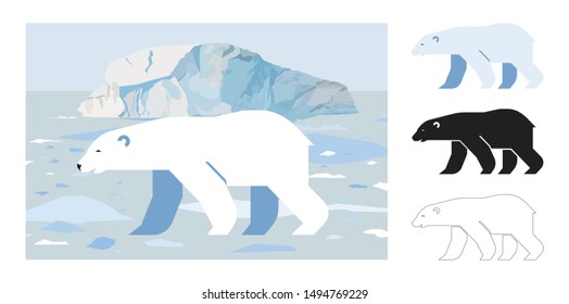 White bear icons. Flat vector illustration of white bear. Decorative cute illustration for children. Graphic design elements for print and web.