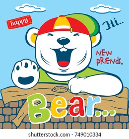 white bear laughing behind the wall brick, cute cartoon vector illustration design graphic kids t shirt