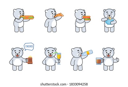 White bear mascot eat and drink set. Cute polar bear eat noodles, fast food, hamburger, pizza, sandwich, drink water, tea, juice and showing other actions. Vector illustration bundle
