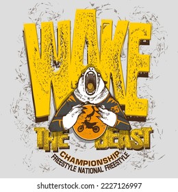 White bear mascot of a motocross championship roaring while holding a circular emblem. In the background, a giant text "Wake the beast". Animal mascot illustration concept.  