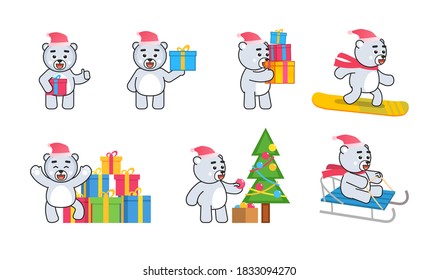 White bear mascot on Christmas holidays set. Cute polar bear holding gift box, decorating Christmas tree, snowboarding and showing other actions. Vector illustration bundle