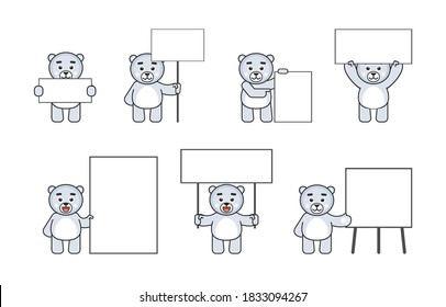 White bear mascot posing with various blank banners. Promote, advertise concept. Vector illustration bundle