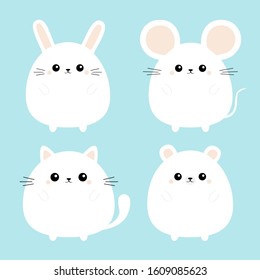 White bear, mouse, cat kitten kitty, rabbit hare icon set. Kawaii animal. Cute cartoon character. Funny baby. Love card. Flat design. Blue background. Vector illustration