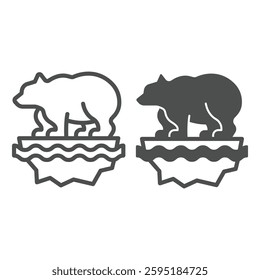White bear on calving iceberg line and solid icon, climate change concept. Vector graphics. Wild animal in trouble, ice melting sign on white background, outline style icon for mobile or web design