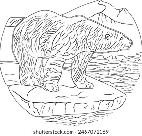 Oso blanco en el arte de la línea de hielo hecho a mano diseño de Vector de silueta.	
